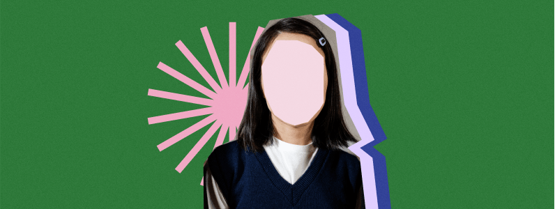 коллаж: девушка на зелёном фоне, лицо закрыто овалом, что символизирует анонимность